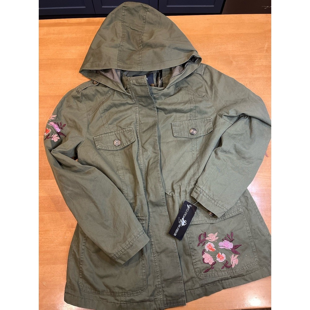 NWT Beverly Hills Polo Club Women's M Green Army Jacket Floral Embroidered Hood